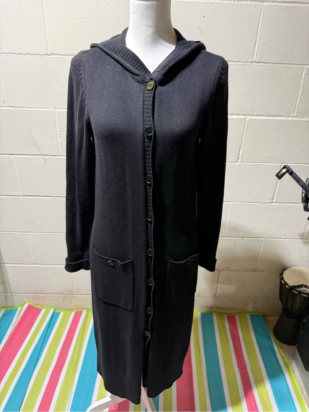 Black Knit Hooded Cardigan with Front Buttons DaisyFeuntes